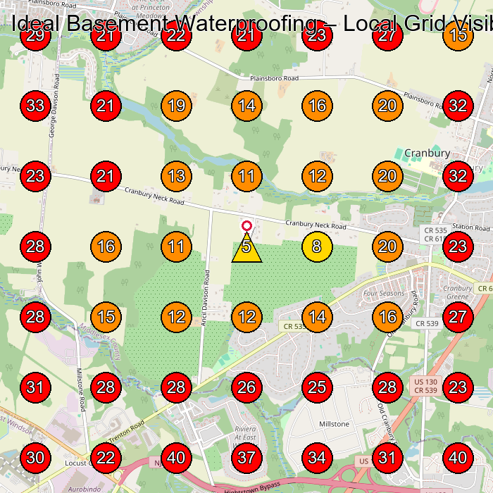 Ideal Basement Waterproofing GeoGrid visibility map for Tree Service in Plainsboro Township